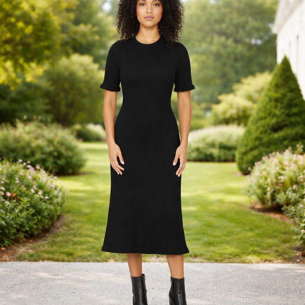 Club Monaco SZ L Mix Stitch Ribbed Crochet Ruffle Hem Midi Dress Black Knit